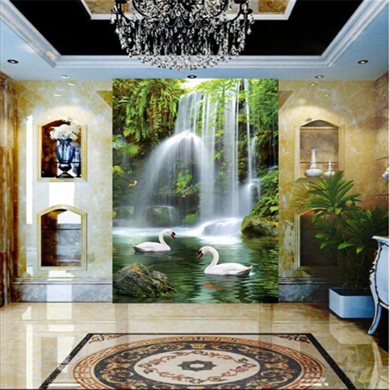 

beibehang photo wallpaper Swan Lake 3D stereoscopic waterfall landscape corridor restaurants large mural green wallpaper mural