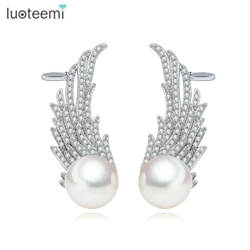 

LUOTEEMI New Design Wing Shape Charm Drop Earrings Zircon Imitation Pearl Big Dangle Brincos for Women boucle d'oreille Jewelry