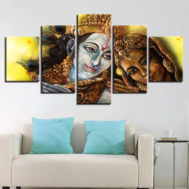 Picture Canvas Painting HD Prints Wall Art Posters Framework 5 Pieces Divine Couple Lord Krishna Radha For Living Room | Дом и сад