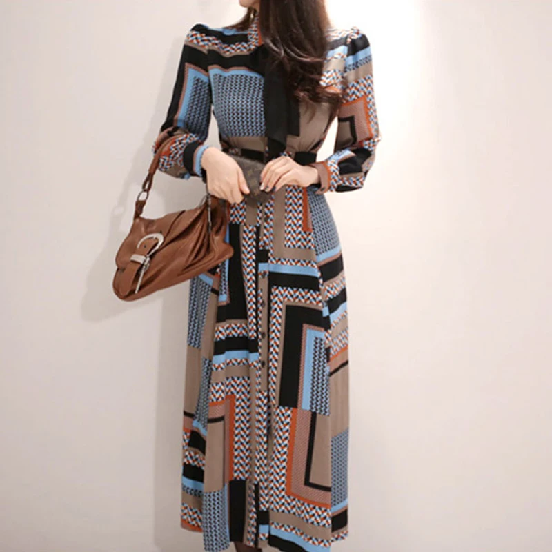 Популярное винтажное Элегантное длинное женское платье с принтом 2019 весеннее