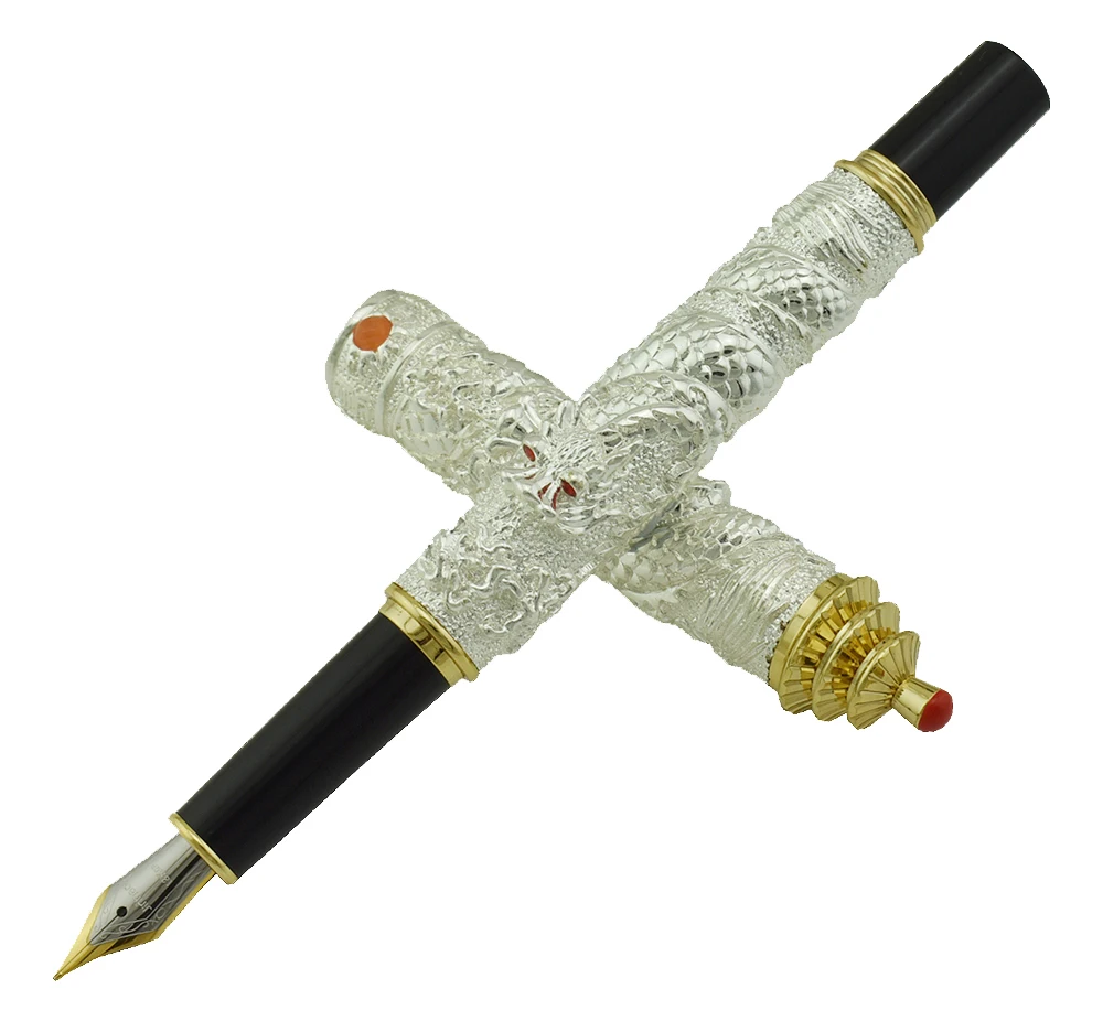 Jinhao Vintage Luxurious Fountain Pen Silver Tower Cap Small Double Dragon Playing Pearl, Metal Carving Embossing Heavy Pen
Jinhao Vintage Luxurious Fountain Pen Silver Tower Cap Small Double Dragon Playing Pearl, Metal Carving Embossing Heavy Pen