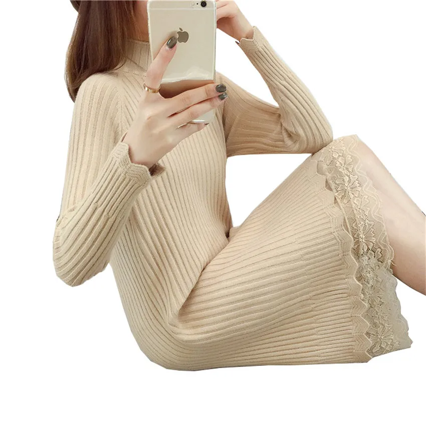 

New Winter Women Bodycon Lace Knitted Dress Slim Fake Two Dresses Turleneck Knitted Sweater Dress Lady Bottoms Pullovers WZ136