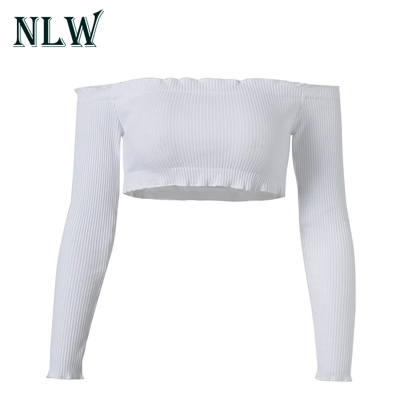 NLW Сексуальная трикотажная блузка с оборками на шее открытыми плечами 3/4 рубашки