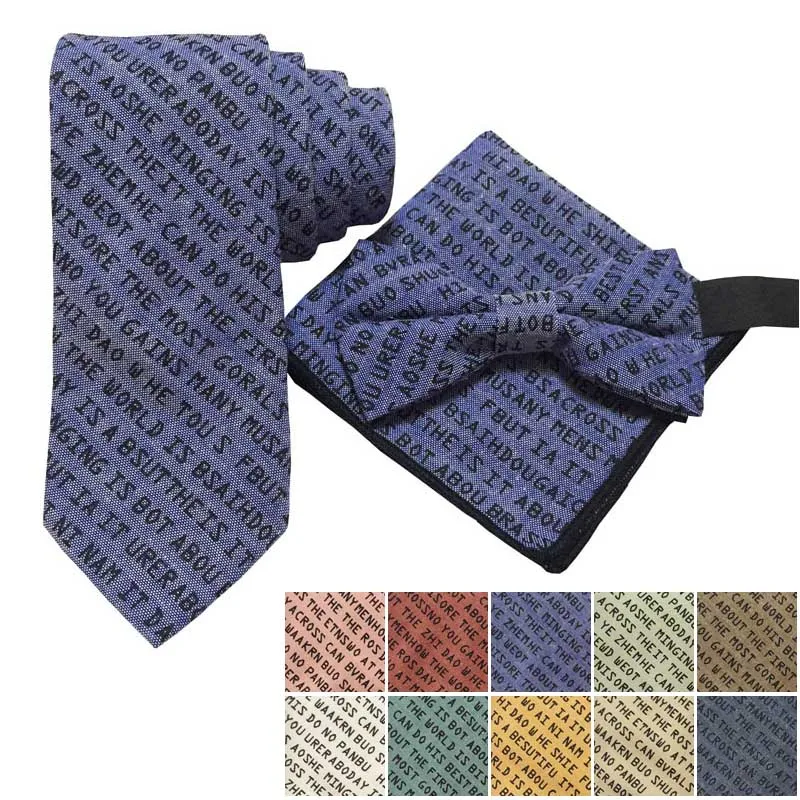 Slim Mens Tie Set Cotton Letter Gift For Men Butterfly Self Bow Bowtie Pocket Square Handkerchief Hanky Suit Necktie | Аксессуары для