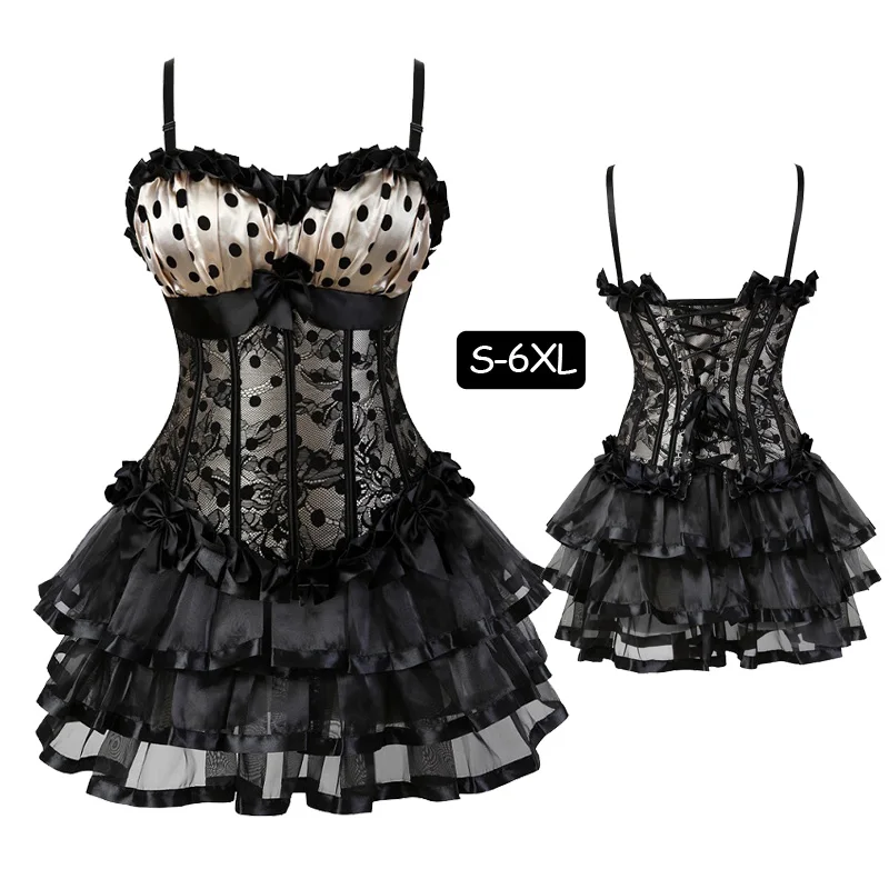 Womens Vintage Dot Ruffles Zipper Boned Corsets Waist Cinching Corset Bustier With Skirts Gothic Dress Plus Size Corselet Set
Womens Vintage Dot Ruffles Zipper Boned Corsets Waist Cinching Corset Bustier With Skirts Gothic Dress Plus Size Corselet Set