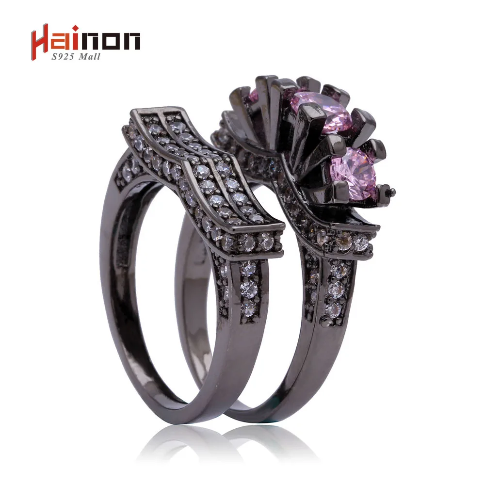 

Женское кольцо с черным пистолетом, обручальное кольцо с розовым и белым цирконом