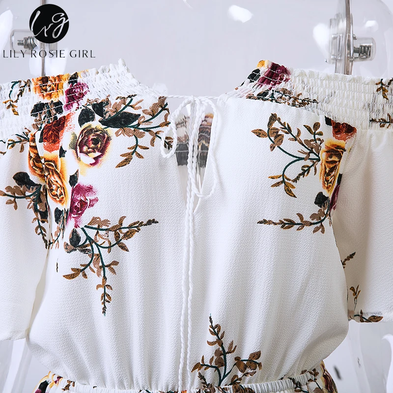 Лилия Рози девушка с открытыми плечами Белый Boho Цветочный Принт оборки