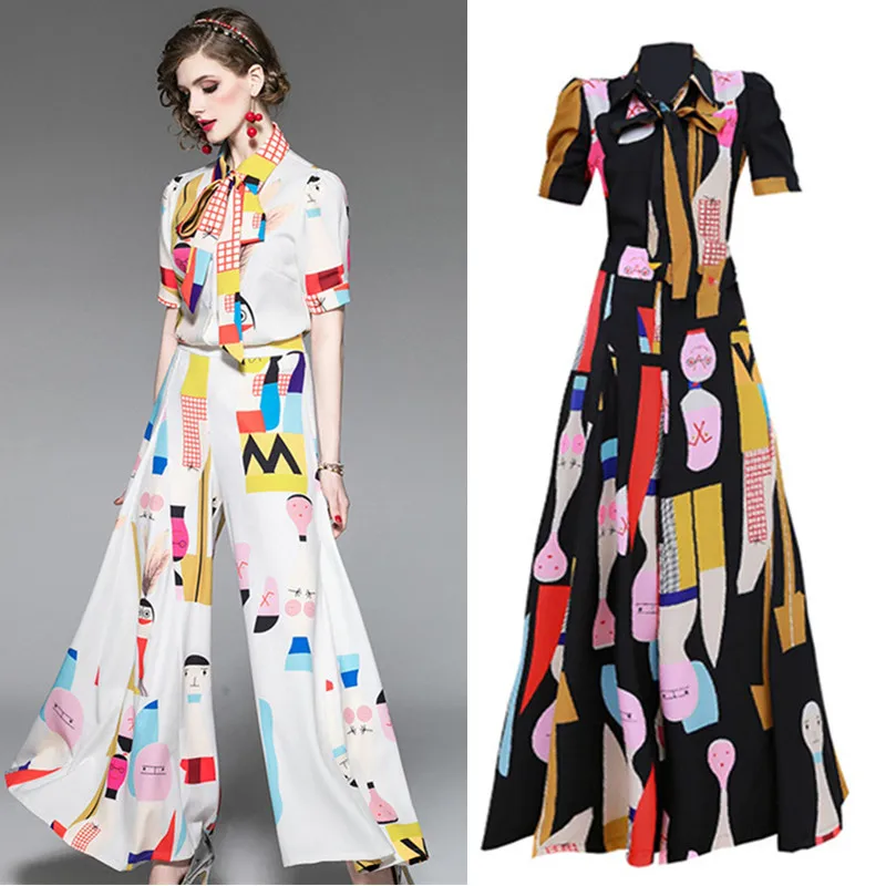 Runway 2 Pcs Set Office Ladies Women Summer Spring Cartoon Print Bows Shirt Femal Work Open Leg Loose Pants Suits CC203
Runway 2 Pcs Set Office Ladies Women Summer Spring Cartoon Print Bows Shirt Femal Work Open Leg Loose Pants Suits CC203