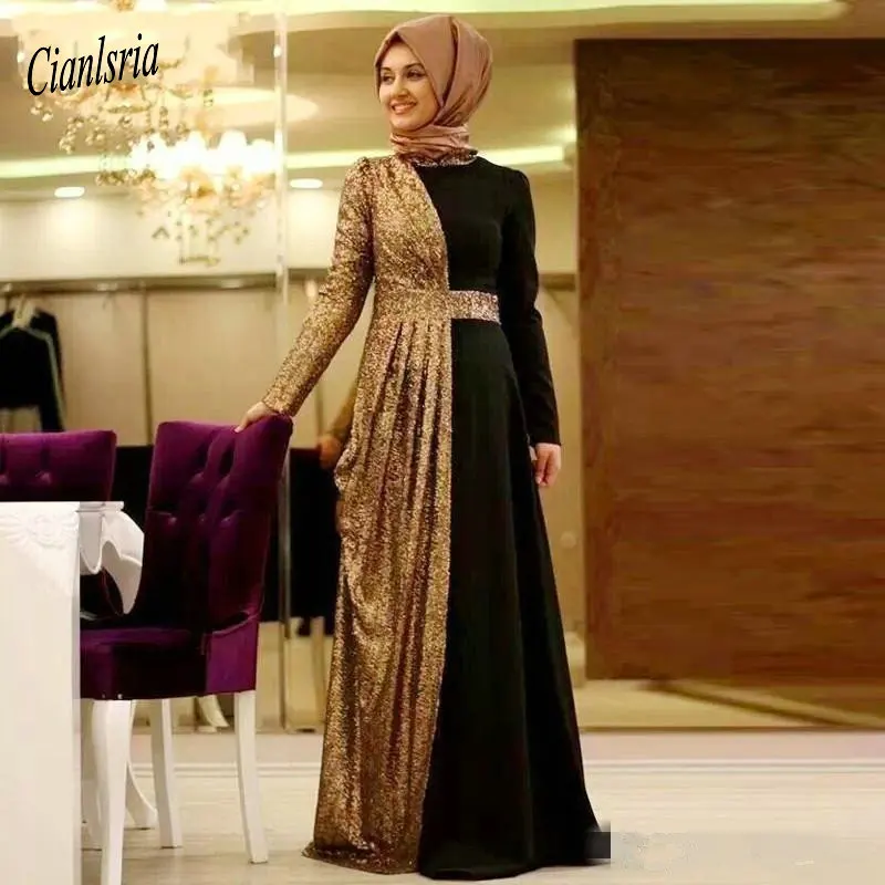 Elegant Gold Sequined Muslim Evening Dress With Draped Long Sleeve Islamic Dubai Saudi Arabic Long Formal Evening Party Dresses
Elegant Gold Sequined Muslim Evening Dress With Draped Long Sleeve Islamic Dubai Saudi Arabic Long Formal Evening Party Dresses