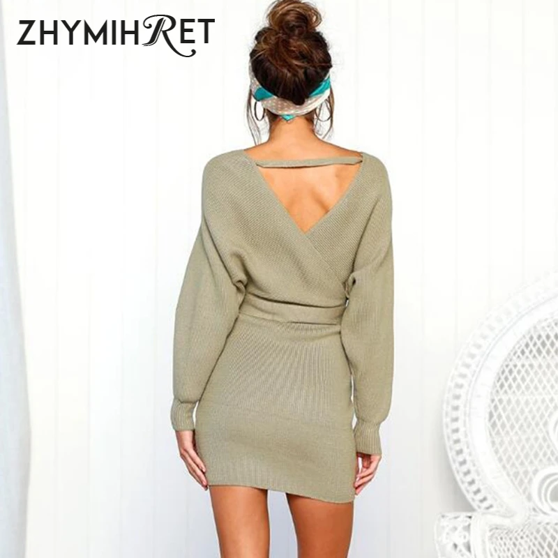 Женское трикотажное платье свитер ZHYMIHRET осенне зимнее с открытой спинкой