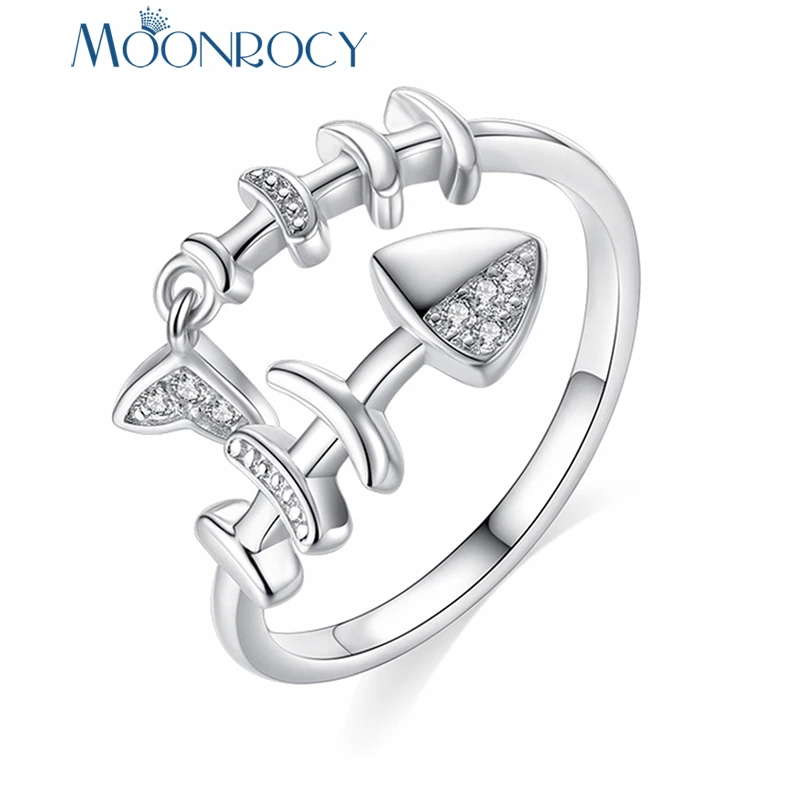 MOONROCY Серебряный Цвет кубический цирконий CZ Кристалл Кольца рыба кость Открытое