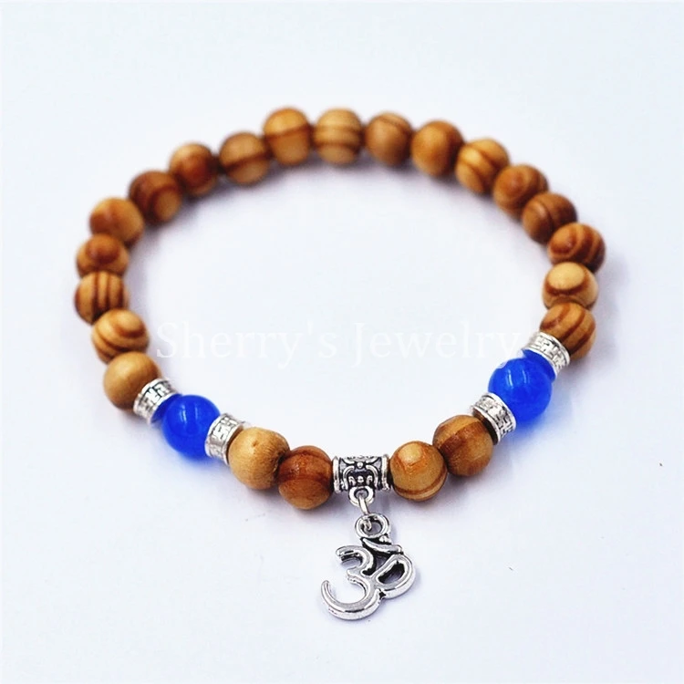 Wholesale 10pcs Handmade Wooden Bead Blue Glass Stone With Antique Silver 3D Charm Elastic Bracelet Jewelry |