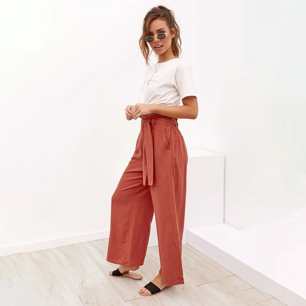 2019 High Waist Belted Zipper Palazzo Pants Ginger Frill Ruffle Wide Leg Women Elegant OL Style Trousers 170828703 | Женская одежда
