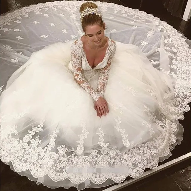 Gorgeous Sheer V Ball Gown Wedding Dresses Lace Appliques White Long Sleeve Arab Wedding Gowns Backless robe de mariage
Gorgeous Sheer V Ball Gown Wedding Dresses Lace Appliques White Long Sleeve Arab Wedding Gowns Backless robe de mariage
