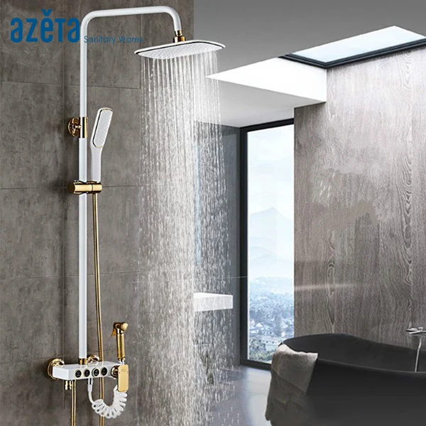 Bathroom Shower Set Luxury White Gold Four Function With Bidet Shower Bathroom Shower Set Bathtub Faucet Shower System AT7768B
Bathroom Shower Set Luxury White Gold Four Function With Bidet Shower Bathroom Shower Set Bathtub Faucet Shower System AT7768B