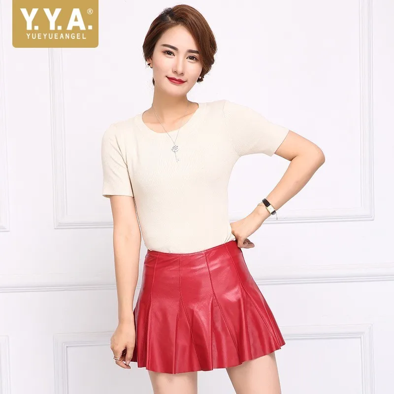 Женская юбка-трапеция из натуральной кожи, с завышенной талией и молнией 
Женская юбка-трапеция из натуральной кожи, с завышенной талией и молнией