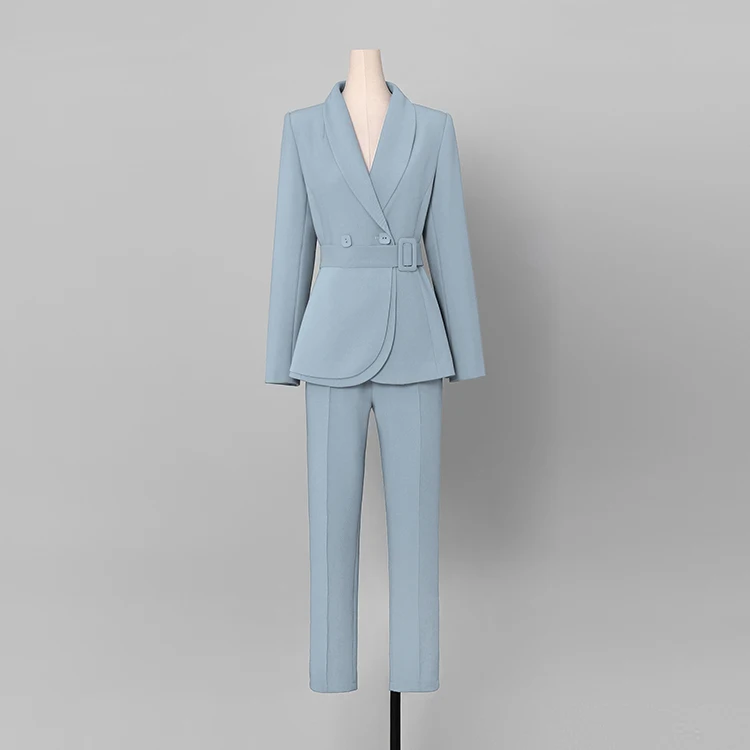 Runway Designer 2019 Spring 2 Piece Set Women Elegant Turn Down Collar Slim blue Blazers Coat + Ankle Length Pencil Pants Suits | Женская
