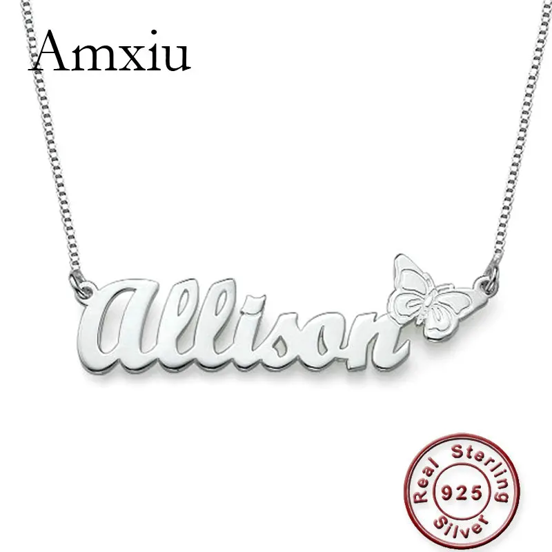 

Amxiu Personalized Gift Customize 925 Sterling Silver Necklace Engrave Name Butterfly Pendant Necklace For Women Girls ID Tags