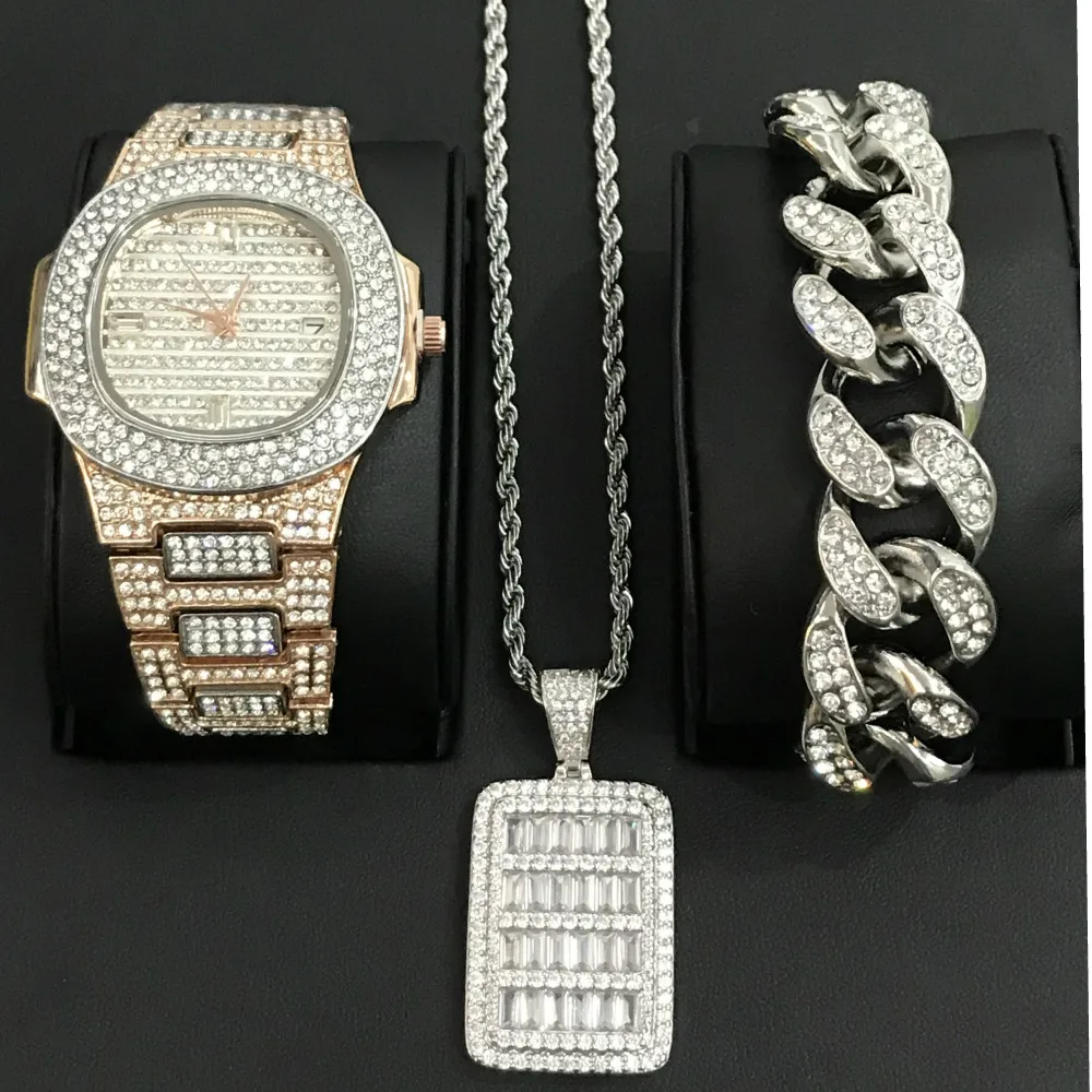 Luxury Men Watch Hip Hop Jewelry Stylish Watch & Bracelet&Necklace Combo Set Shining Pendant Ice Out Cuban Jewerly Set For Men
Luxury Men Watch Hip Hop Jewelry Stylish Watch & Bracelet&Necklace Combo Set Shining Pendant Ice Out Cuban Jewerly Set For Men