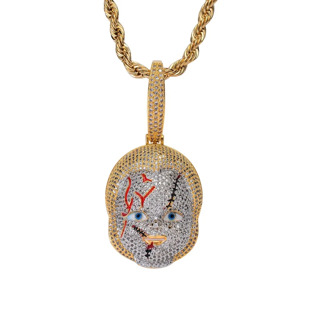 Hip Hop AAA CZ Stones Paved Bling Ice Out Childs Play Seed of Chucky Pendants Necklace for Men Rapper Jewelry Gold Color
Hip Hop AAA CZ Stones Paved Bling Ice Out Childs Play Seed of Chucky Pendants Necklace for Men Rapper Jewelry Gold Color