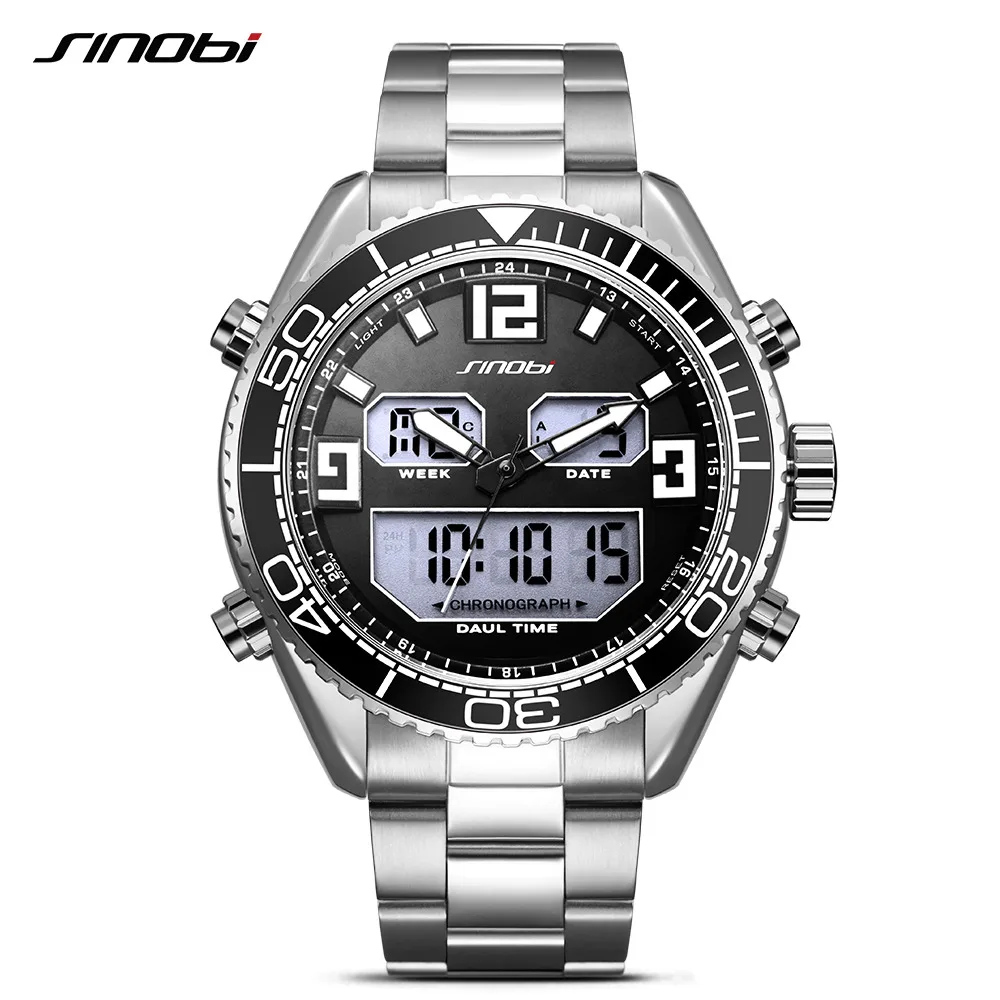 SINOBI Luxury Dual Display Wrist watches Waterproof LED Digital Sport Watch Men Watch Full Steel Military Watch Men reloj hombre