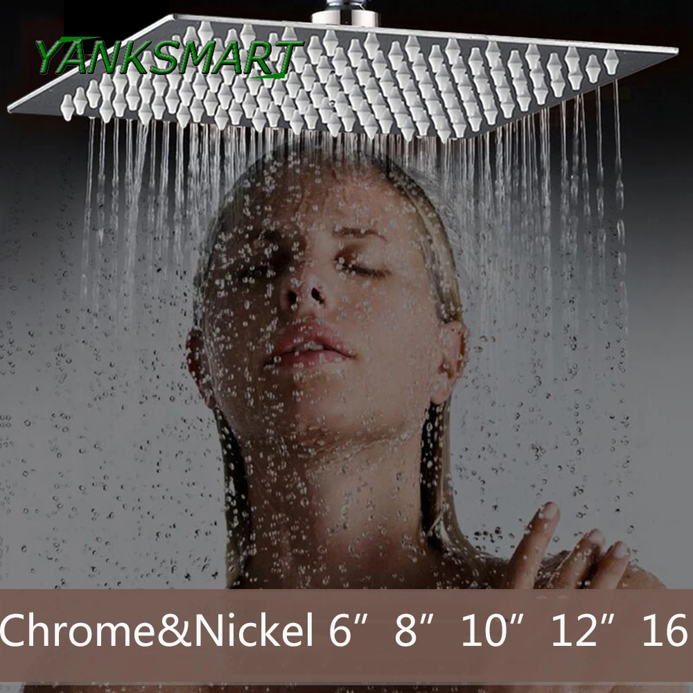 

YANKSMART Ultra-thin Showerheads Rainfall Shower Head 6"8"10"12"16"20 Inch Square Chrome&Nickel Rain Shower Bathroom Shower Arm