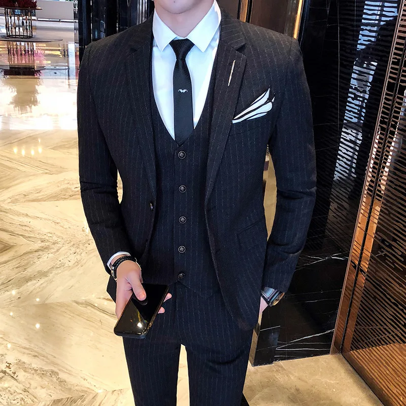 Korean Men's Stripes Two-button Blazer Suits Three-piece Suit Business Wedding Jacket+Vest+Pants
Korean Men's Stripes Two-button Blazer Suits Three-piece Suit Business Wedding Jacket+Vest+Pants