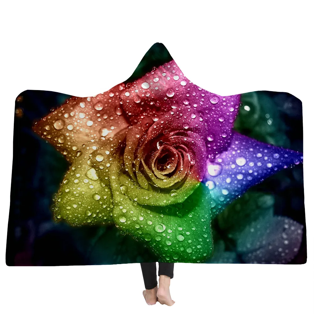 

Flower Universe Sky Printed Microfiber Hooded Blanket for Adults Kids Sherpa Fleece Galaxy Wearable Throw Blankets on The Sofa