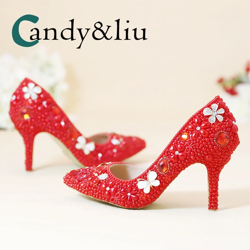 Women Red High Heels Wedding Shoes Pointed Toe Handmade Bridal Pupmps with Crystal Pearls Butterfly Withe Follower for Party
Women Red High Heels Wedding Shoes Pointed Toe Handmade Bridal Pupmps with Crystal Pearls Butterfly Withe Follower for Party