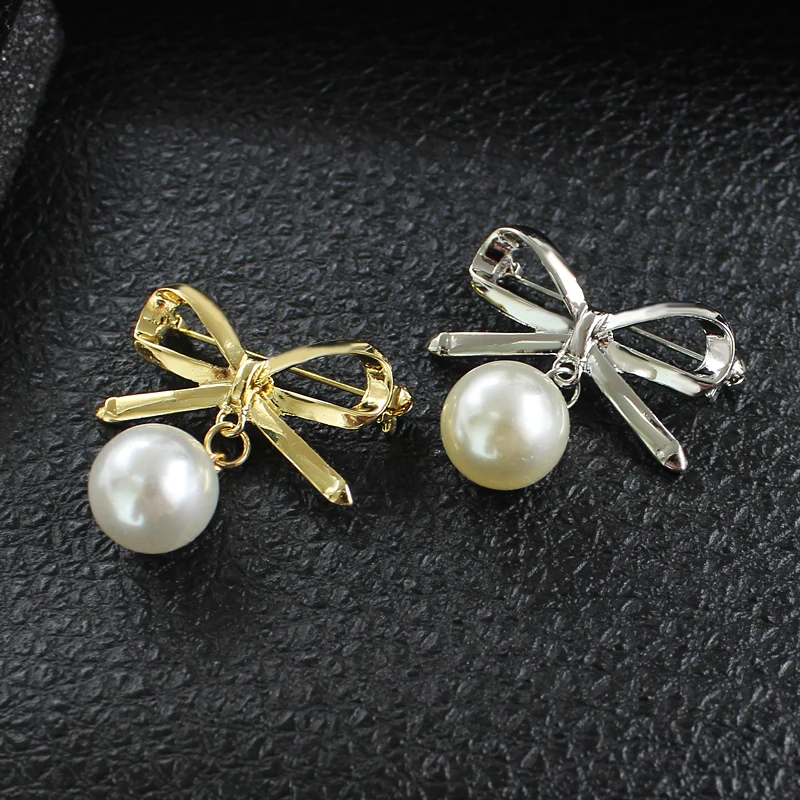 Attractive Classic Bow Brooches Gold And Silver Color Brooch Butterfly Suspended Imitation Pearl For Women Coat Jewelry Pins | Украшения и