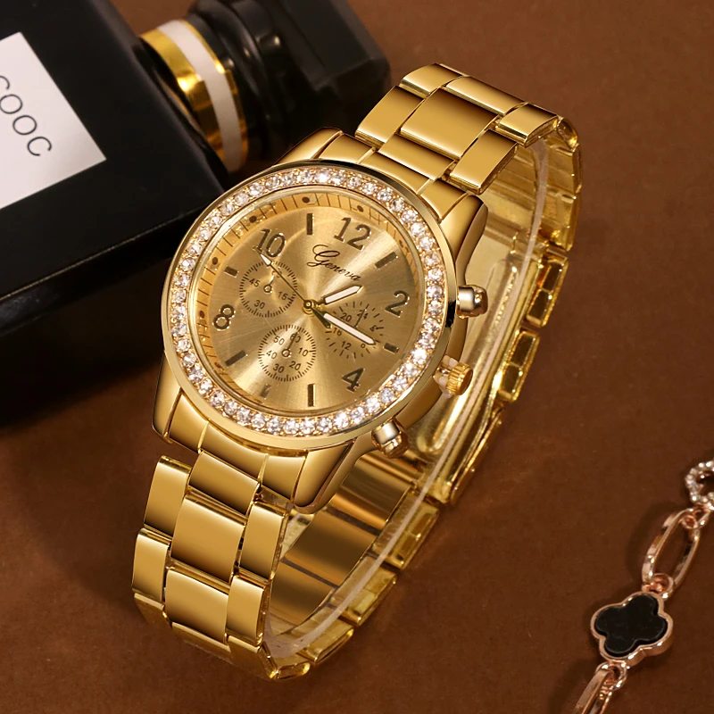 Женские часы Geneva классические роскошные со стразами женские модные золотые Reloj