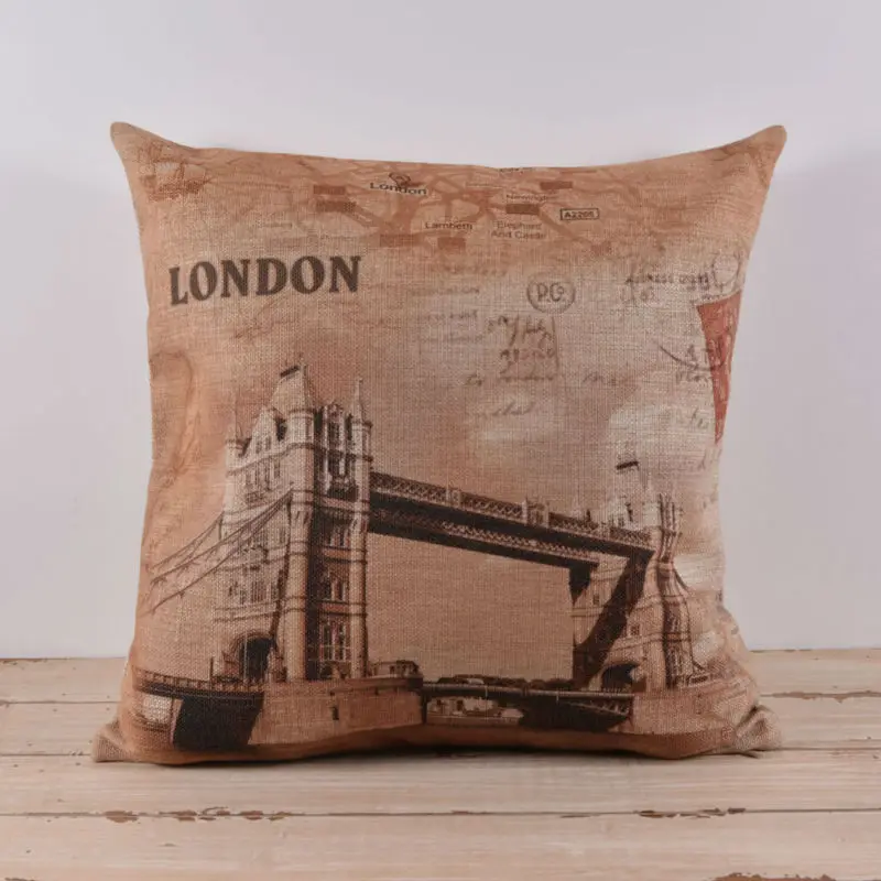 

LINKWELL Pillow Case Burlap Cushion Cover 45x45cm Retro Map UK London Tower Bridge United Kingdom with Red Stamp Journey Travel