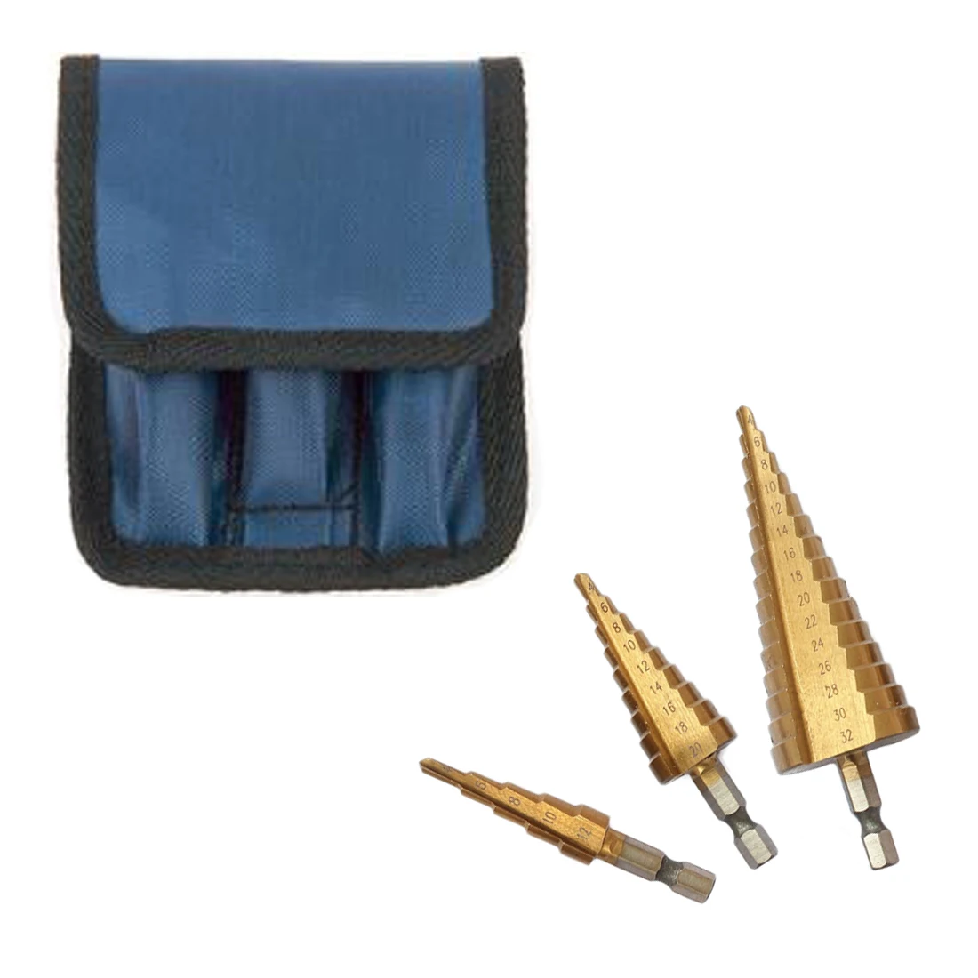 3pcs 4-12/ 20/ 32mm Metric Spiral Flute Step HSS Steel 4241 Cone Titanium Coated Drill Bits Tool Set Hole Cutter With Pouch
3pcs 4-12/ 20/ 32mm Metric Spiral Flute Step HSS Steel 4241 Cone Titanium Coated Drill Bits Tool Set Hole Cutter With Pouch