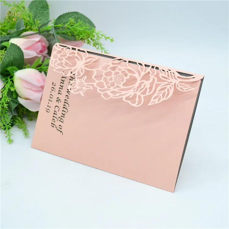 Blush pink laser cut Tri fold unique wedding invitations
Blush pink laser cut Tri fold unique wedding invitations