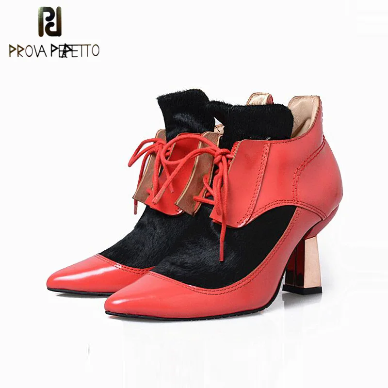 

Prova Perfetto Europe Boots Women Pointed Toe Patent Leather Horsehair Fashion Short Bota Lace Up Fashion Mixed Color Boots