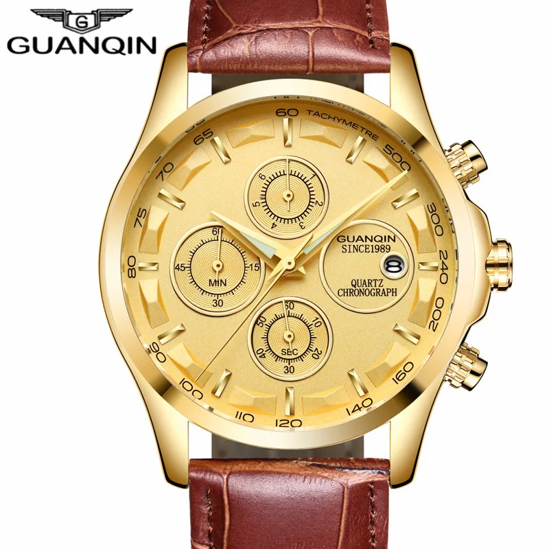 

2018 New GUANQIN Mens Watches Top Brand Luxury Chronograph Watch Men Military Sport Leather Quartz Wrist Watch relogio masculino