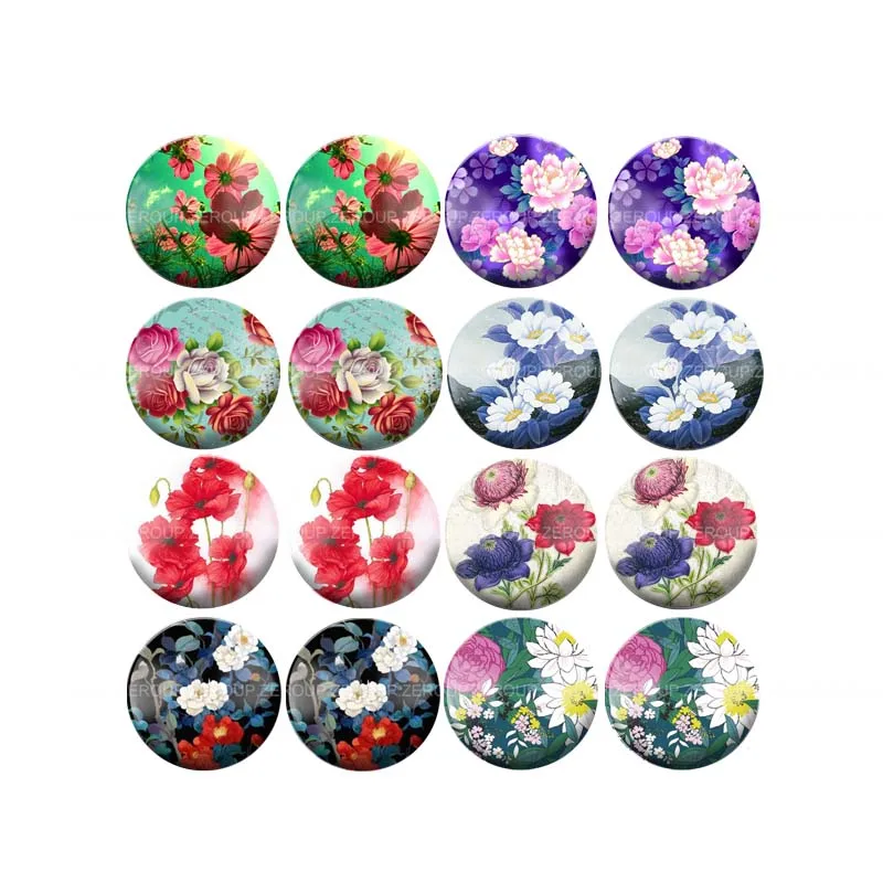 

ZEROUP 16pcs Round Glass Cabochon Variety flowers Picture Mixed Pattern Fit Base Earring Setting for Jewelry Flatback BCH-318