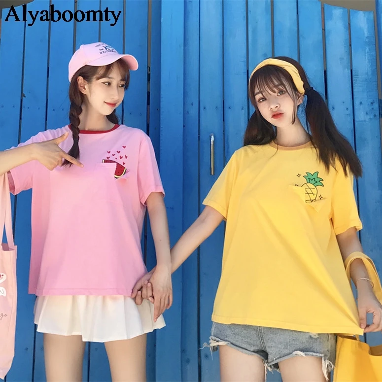 Японский консервативный стиль женские летние милые футболки ананас арбуз