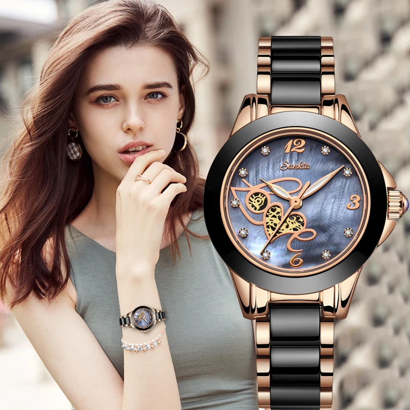 SUNKTA высококачественные женские часы стразы роскошные розовые золотые черные