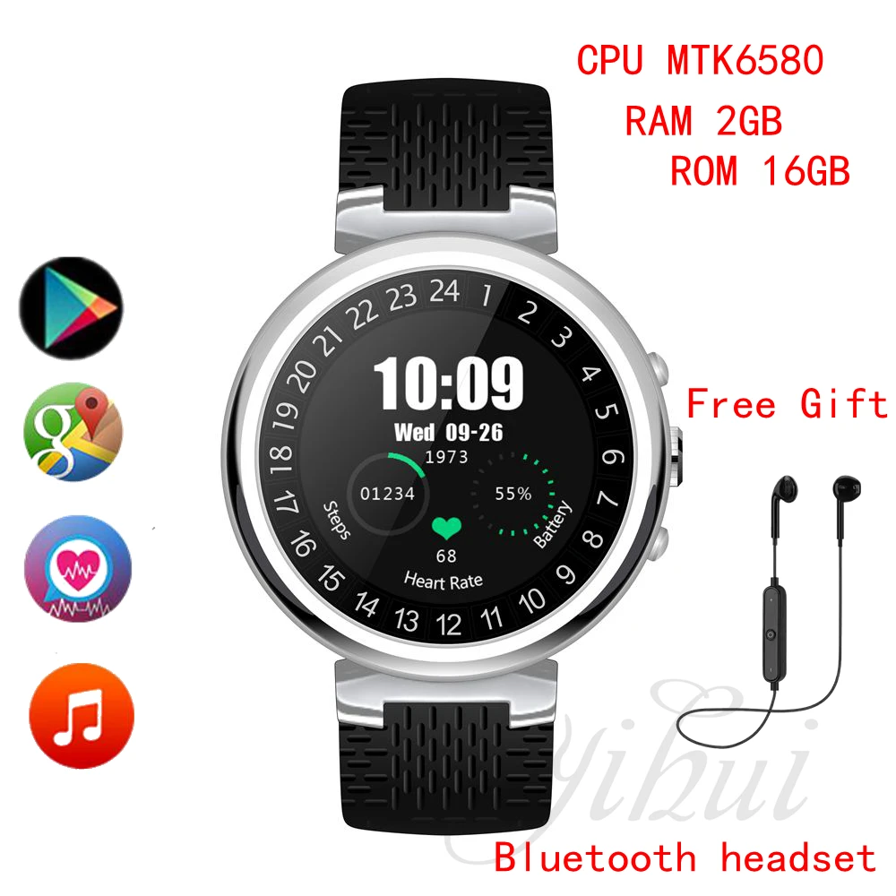 I6Pro Смарт-часы 1 3 "360*360 Android 5.1OS MTK6580 2 GB/16 GB Поддержка сердечного ритма 3g Wi-Fi Google Play