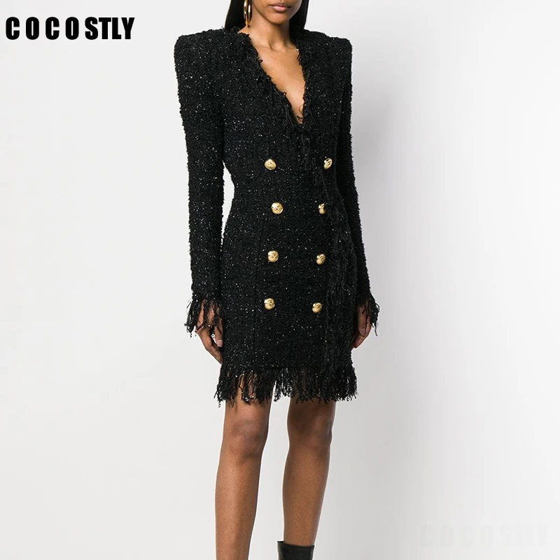 Runway Tassel Tweed Dress Vestidos Women V-Neck Golden Button Long Sleeve Wool Blend Dress Lady Sexy Party Winter Dress
Runway Tassel Tweed Dress Vestidos Women V-Neck Golden Button Long Sleeve Wool Blend Dress Lady Sexy Party Winter Dress