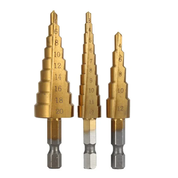 3pc/lot Hss Step Cone Taper Drill Bit Set Hole Cutter Metric 3-12mm 4-12mm 4-20mm Titanium Coated Metal Hex stepped Drill Bits
3pc/lot Hss Step Cone Taper Drill Bit Set Hole Cutter Metric 3-12mm 4-12mm 4-20mm Titanium Coated Metal Hex stepped Drill Bits