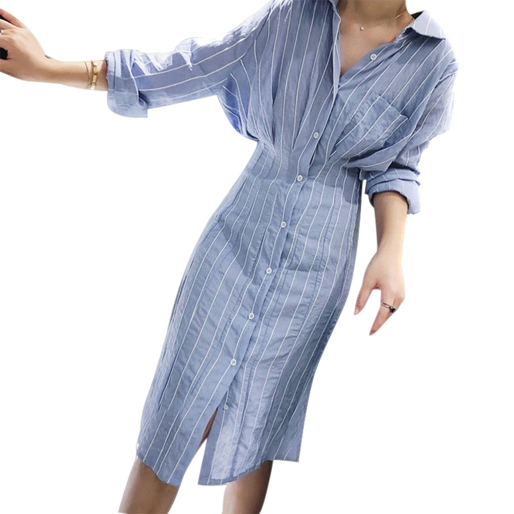Женское платье в полоску с длинными рукавами и пуговицами спереди модное тонкое