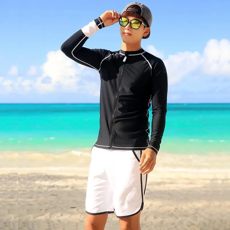 

2-piece Set Men's Rashguard Long Sleeve Zipper Shirt&Trunks Black Top/White Bottom Sun UV Protection Rash Guards Surf Swim Suits