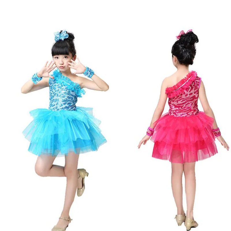Детское платье для балета с синими блестками девочек джазовых танцев вечеринок