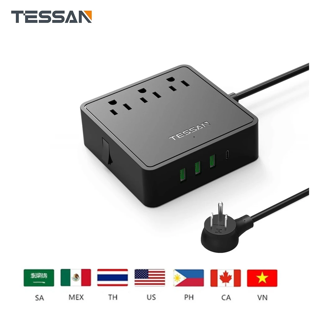 TESSAN гнездо для шнура удлинителя с 4 умными USB-розетками США сетевой фильтр