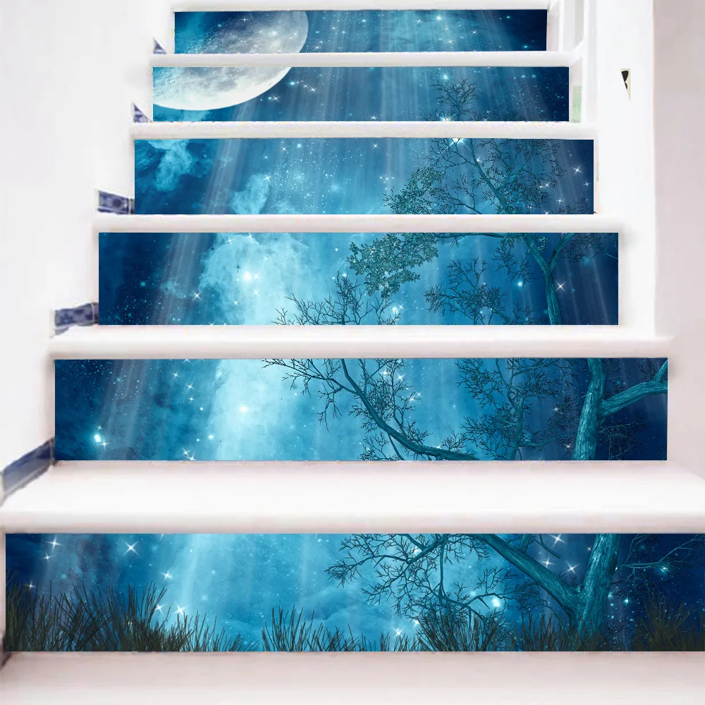

3d 6pcs Dark Forest Moon Pattern Tile Stairs Stickers Pvc Wall Sticker Removable Waterproof Mural Stair Poster Room Decals