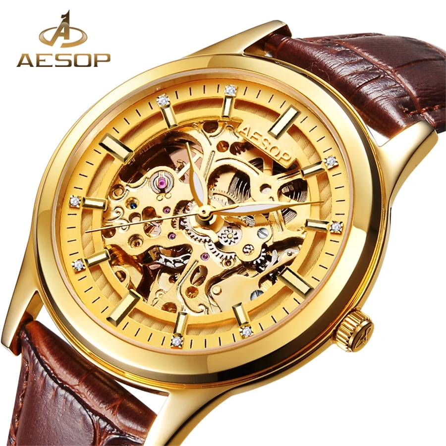 AESOP Luxury Men Classic Automatic Mechanical Watch Gold Skeleton Brown Leatherl Strap Men's Watches Top Brand Luxury Wristwatch
AESOP Luxury Men Classic Automatic Mechanical Watch Gold Skeleton Brown Leatherl Strap Men's Watches Top Brand Luxury Wristwatch