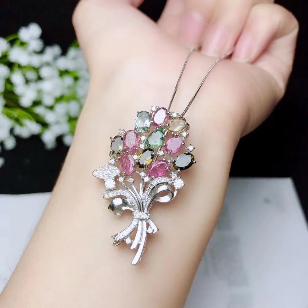 Dual-use style, natural tourmaline brooch, beautiful colors, 925 silver, natural gemstones, certificate
Dual-use style, natural tourmaline brooch, beautiful colors, 925 silver, natural gemstones, certificate