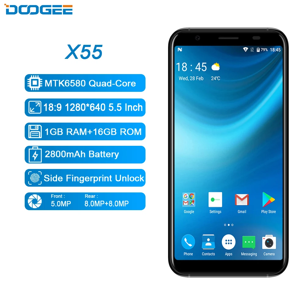 DOOGEE X55 смартфон 5 дюймов Дисплей HD MTK6580 4 ядра 16 Гб Встроенная память двойной Камера